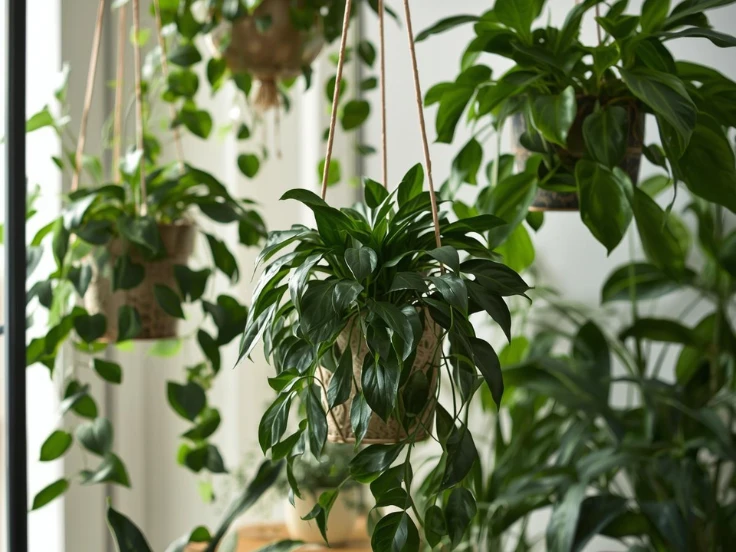 Lush green hanging plants cascading from a window, adding a touch of nature to the indoor space.