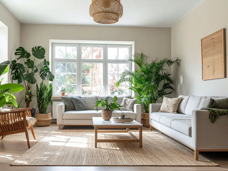A modern living room adorned with white furniture and vibrant plants, enhancing the space's light and airy feel.