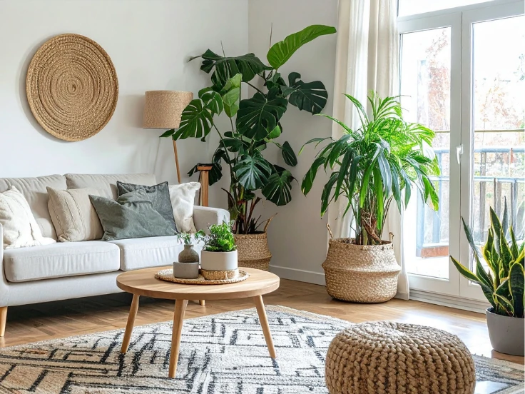 A stylish living room showcasing a white couch, a decorative rug, and a healthy potted plant for a fresh look.