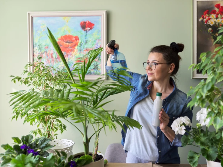 In a sunny room, a woman is watering her plants, surrounded by vibrant greenery and a cozy atmosphere.