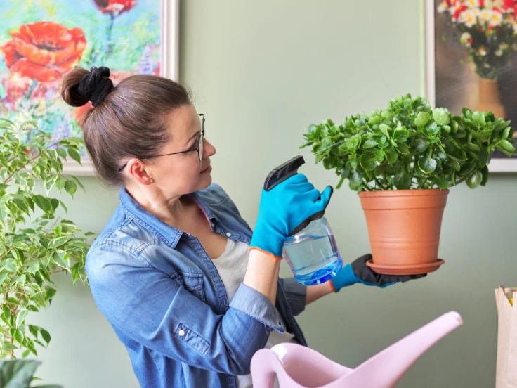 A woman wearing a blue shirt gently cradles a potted plant, looking cheerful.