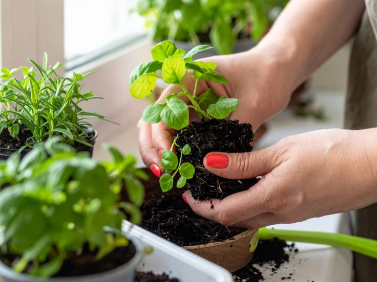 A person gently holds a potted plant, showcasing their care for nature and greenery.