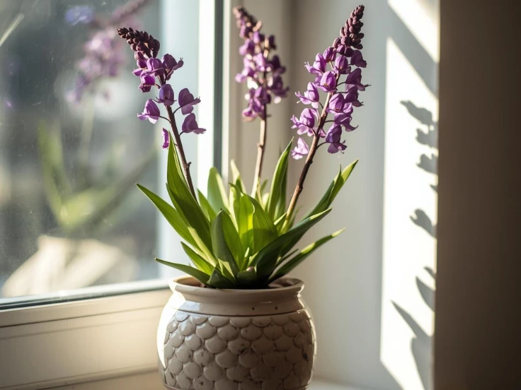 A vase filled with vibrant purple flowers rests on a sunny windowsill, adding color to the room.