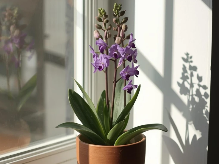 A striking purple orchid in a brown pot rests on a sunny window sill, adding charm to the space.