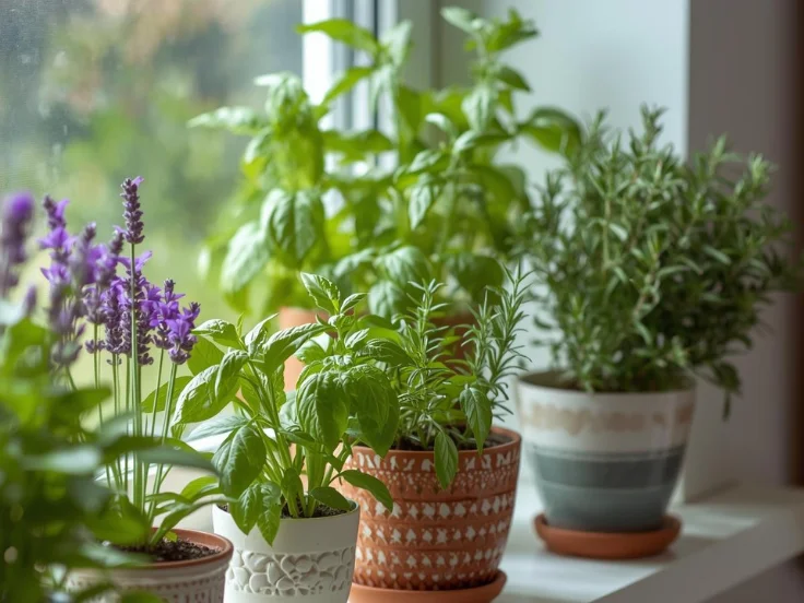Potted herbs like basil and rosemary arranged on a sunny windowsill, adding greenery to the indoor space.