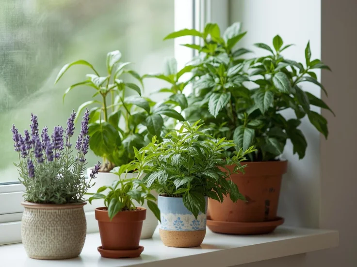 A variety of herbs in pots, including mint and thyme, thriving on a bright windowsill, enhancing the home atmosphere.