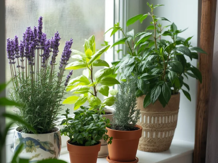 A variety of potted herbs and flowers sit on a windowsill, adding a touch of nature and color to the indoor space.