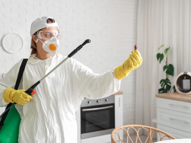 A woman in a white protective suit is holding a sprayer, indicating she is ready for a cleaning or spraying task.