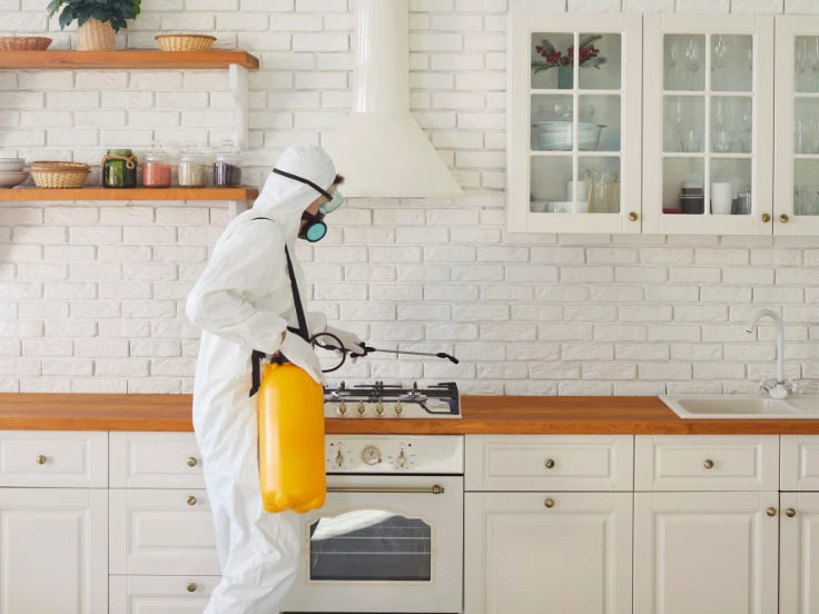 A person wearing a white protective suit stands in a kitchen, ready to prepare food safely.