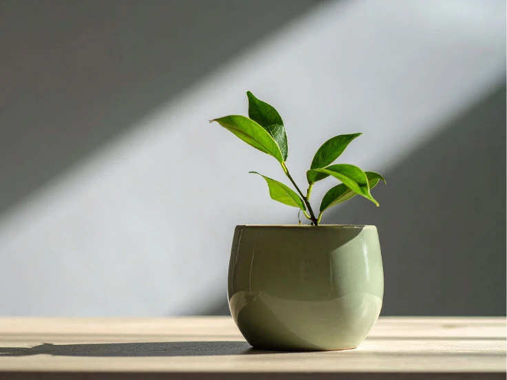 A lush green plant in a small pot is placed on a table, enhancing the decor with its natural beauty.