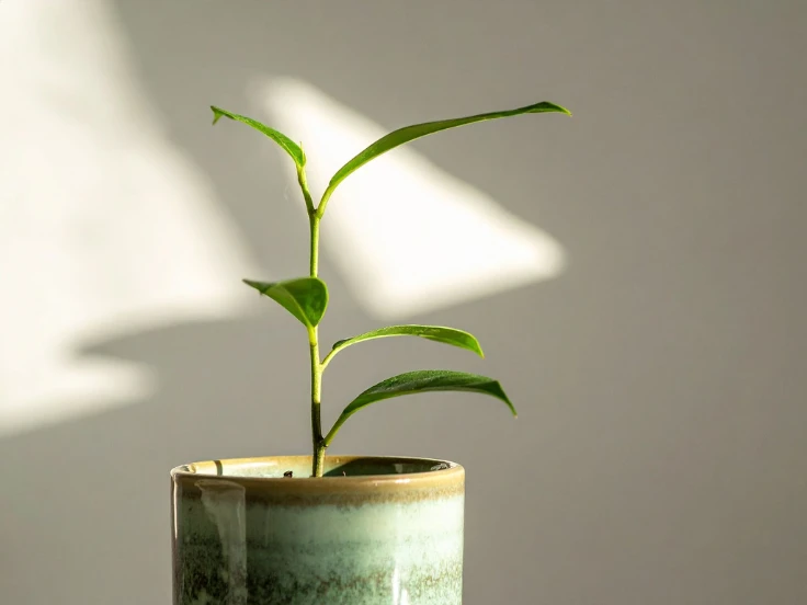 A tiny plant thriving in a transparent vase, highlighting its vibrant green leaves and healthy appearance.
