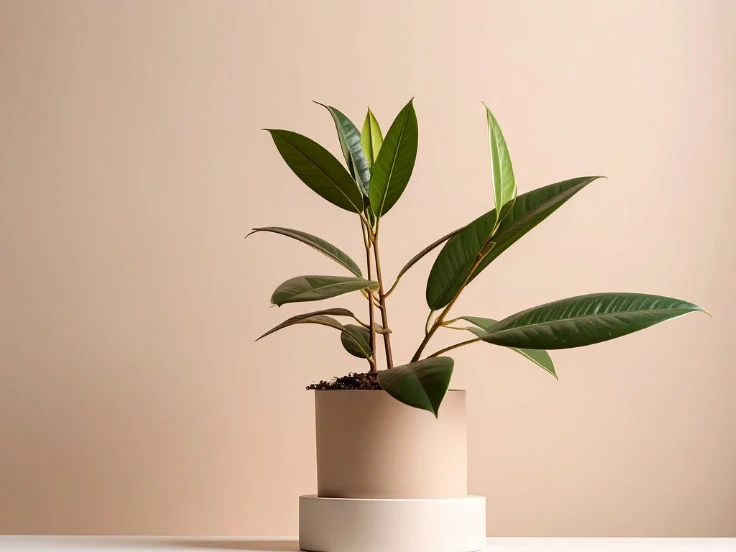 A vibrant potted plant is displayed on a table against a simple wall backdrop.