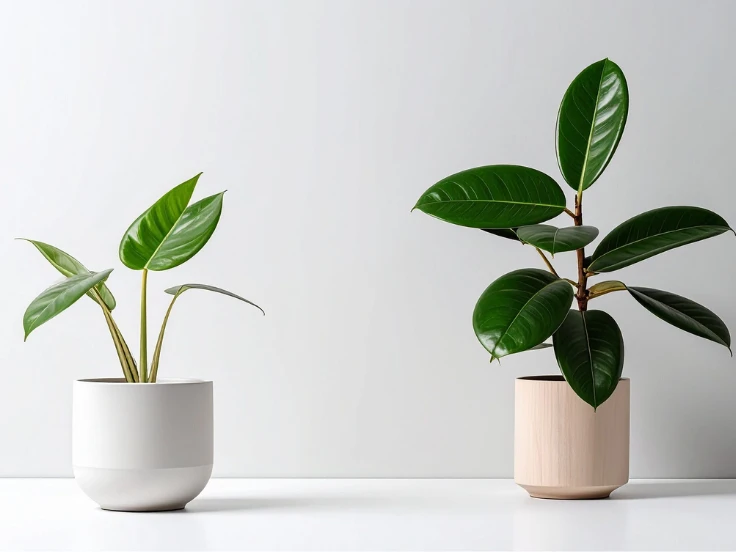 Two vibrant potted plants, one with broad leaves and the other with small flowers, are positioned side by side indoors.