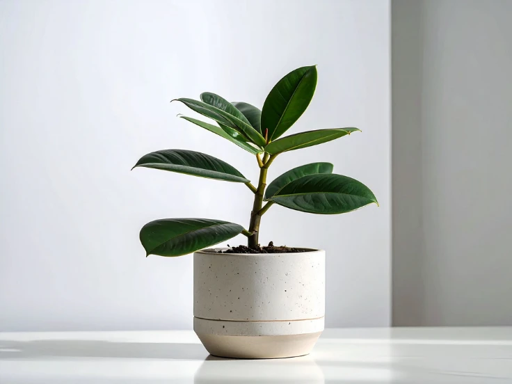 A small green plant in a white pot sits on a wooden table, adding a touch of nature to the indoor space.