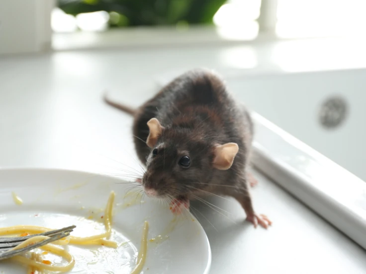 A small rat feasting on spaghetti from a plate, surrounded by a mess of noodles and sauce.