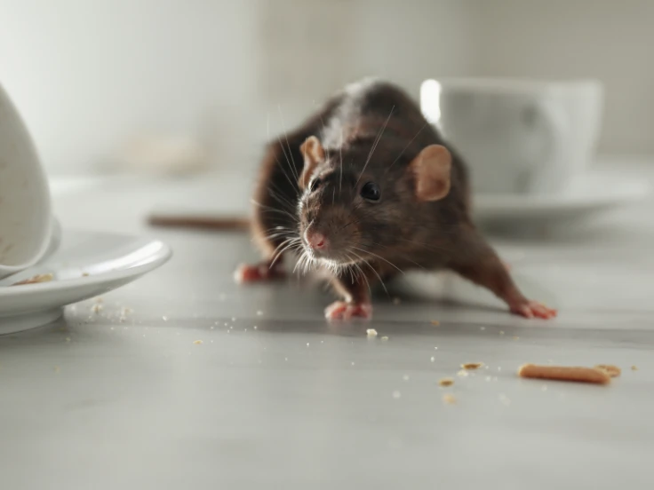 A rat sits on a table beside a cup and a plate, creating an unexpected dining scene.