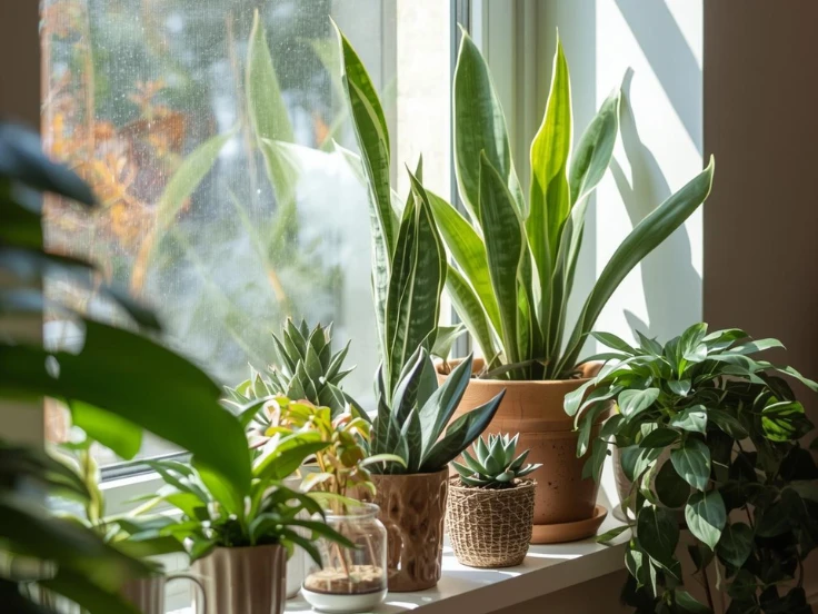 A cozy window sill filled with an assortment of indoor plants, creating a lively and inviting atmosphere.