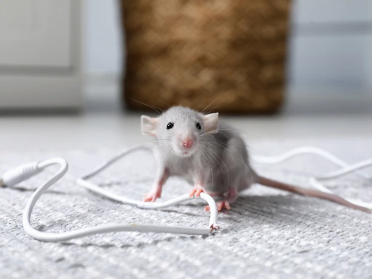 A small gray rat stands on a colorful rug, looking curiously at its surroundings.