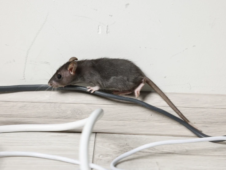 A tiny rat is on the floor next to a power cord, exploring its environment with a curious expression.