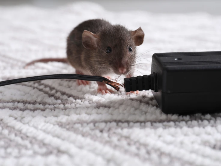 A little mouse stands next to a power cord, exploring its space with a curious expression.
