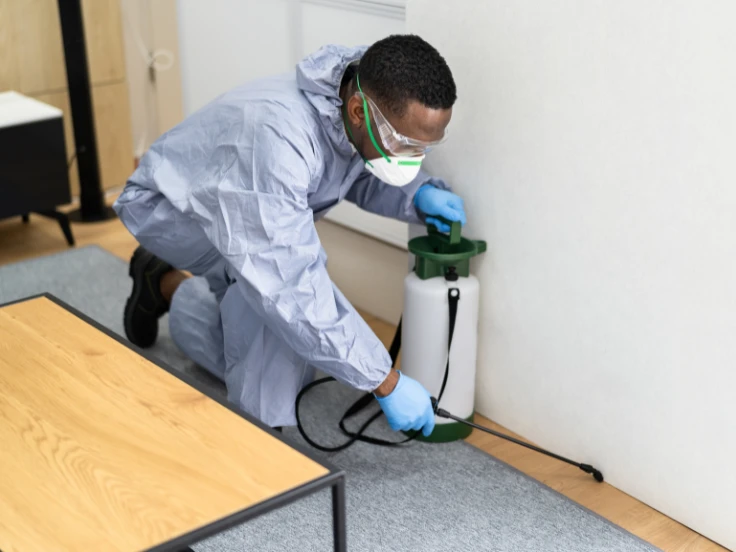 A man in a protective suit uses a pest control device to spray for insects in an outdoor setting.
