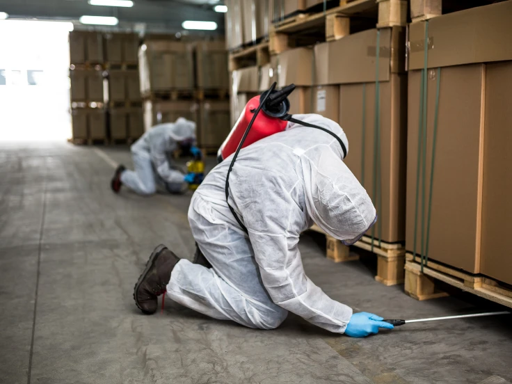 Two workers in protective suits are collaborating in a warehouse environment, ensuring safety and efficiency.