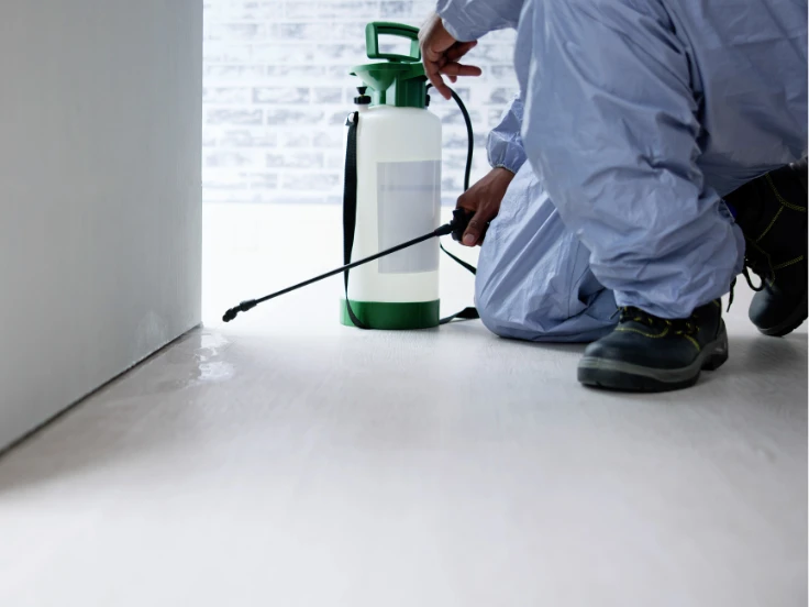 A man dressed in a blue suit applies pest control spray, actively treating an area for pest prevention.