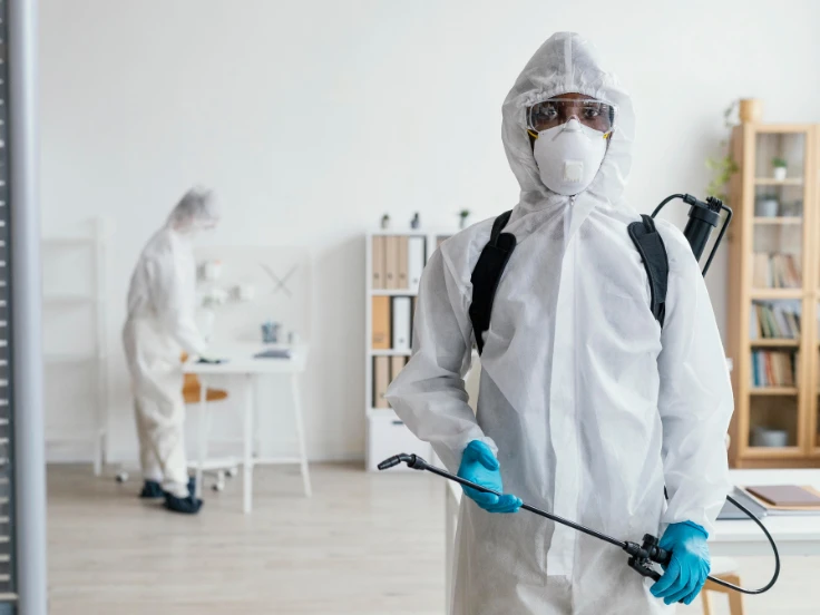 A man in a protective suit and mask holds a sprayer, ready to apply a substance safely.