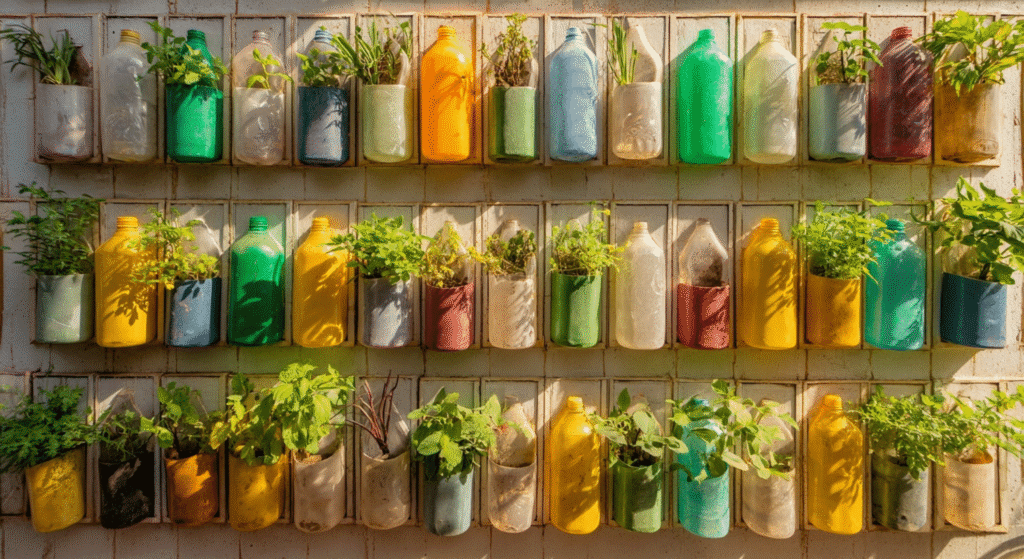 4. Vertical Gardening with Pallets and Plastic Bottles