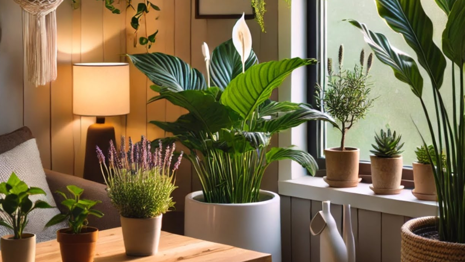 Peeacelily | Plant Parenting on a Budget: How to Build a Stunning Indoor Jungle for Under $100 A peace lily and other potted indoor plants decorate a cozy room.