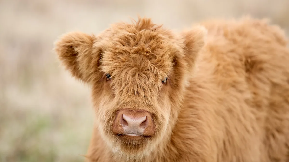 Peeacelily | Mini Cows Went From Farm Animals to Lifestyle Symbols Here’s What Changed Close-up portrait of a fluffy, light-brown Highland cow calf