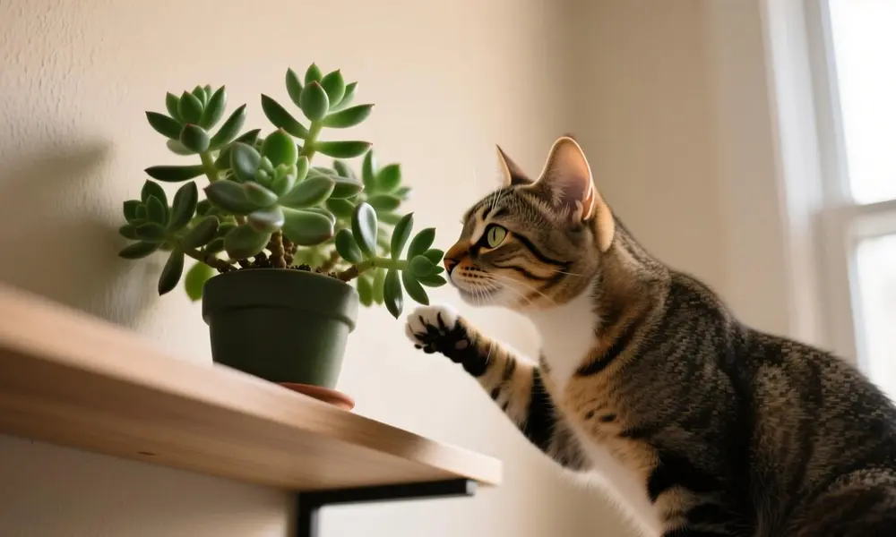 A curious tabby cat reaching out a paw toward a succulent plant on a wooden shelf.