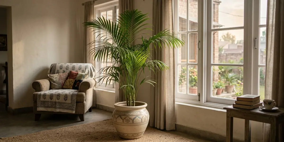 Peeacelily | Tall Indoor Plants: Which Ones Will Survive the Light in Your Room Tall Kentia palm in a decorative ceramic pot positioned beside a bright living room window with sheer curtains