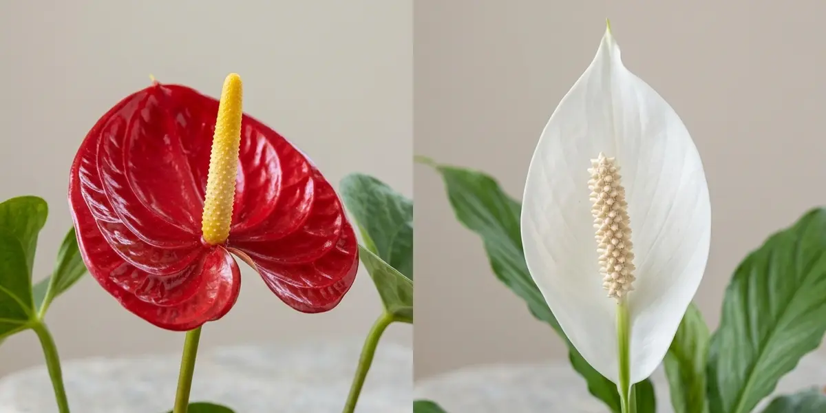 A detailed close-up comparing the waxy red spathe and yellow central spadix of an anthurium with the soft white spathe of a peace lily.