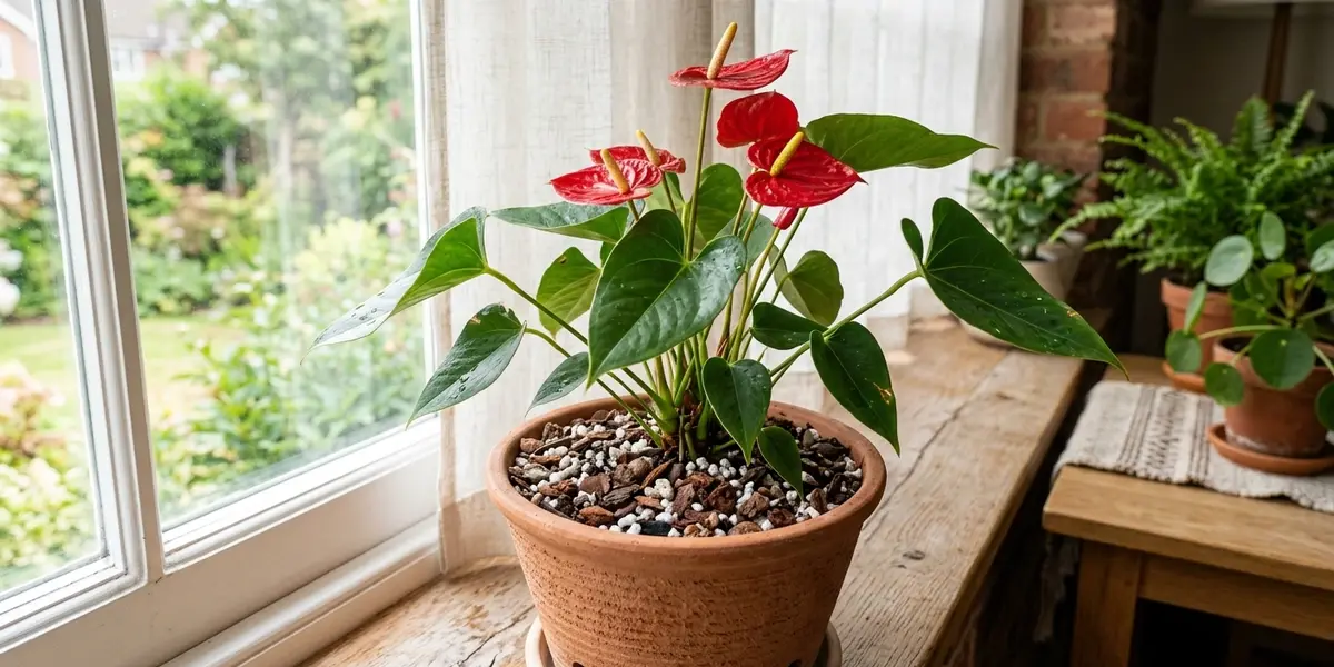 An anthurium potted in a chunky, well-aerated mix containing orchid bark and perlite.