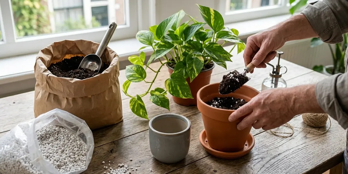 Hands adding soil and perlite into a terracotta pot next to a bag of potting mix and a pothos plant.