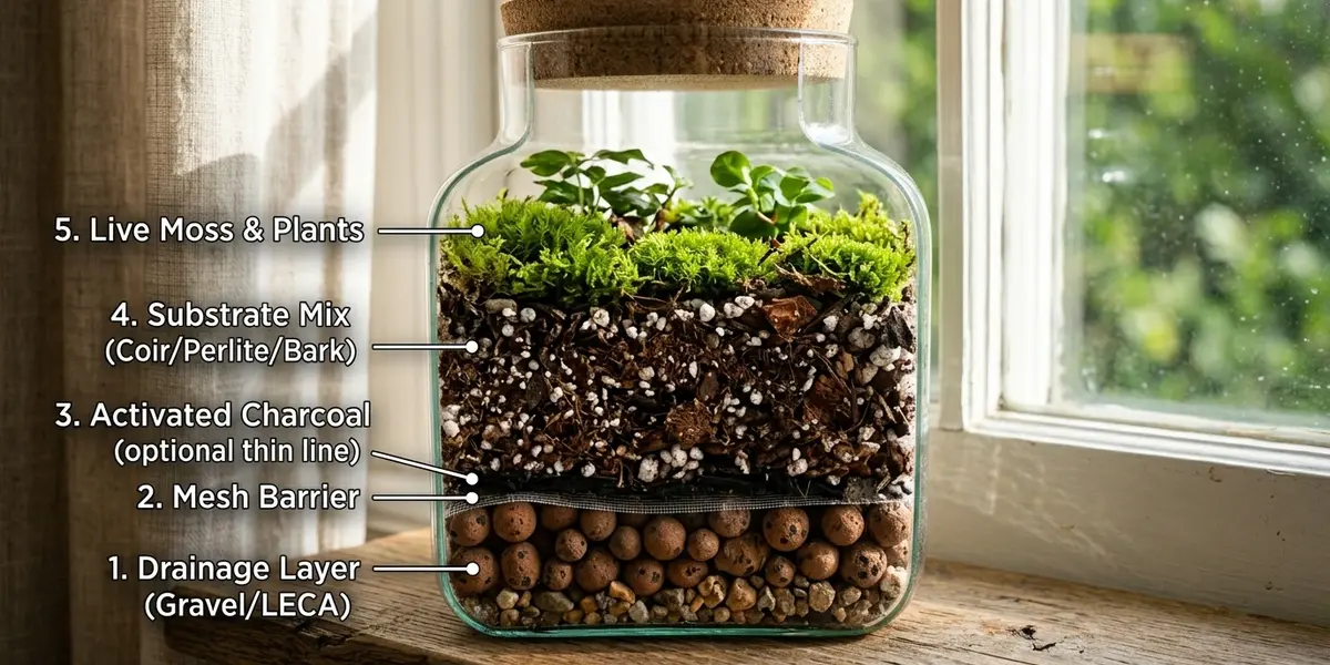 A cross-section diagram of a glass jar showing numbered terrarium layers from drainage to substrate and live moss.