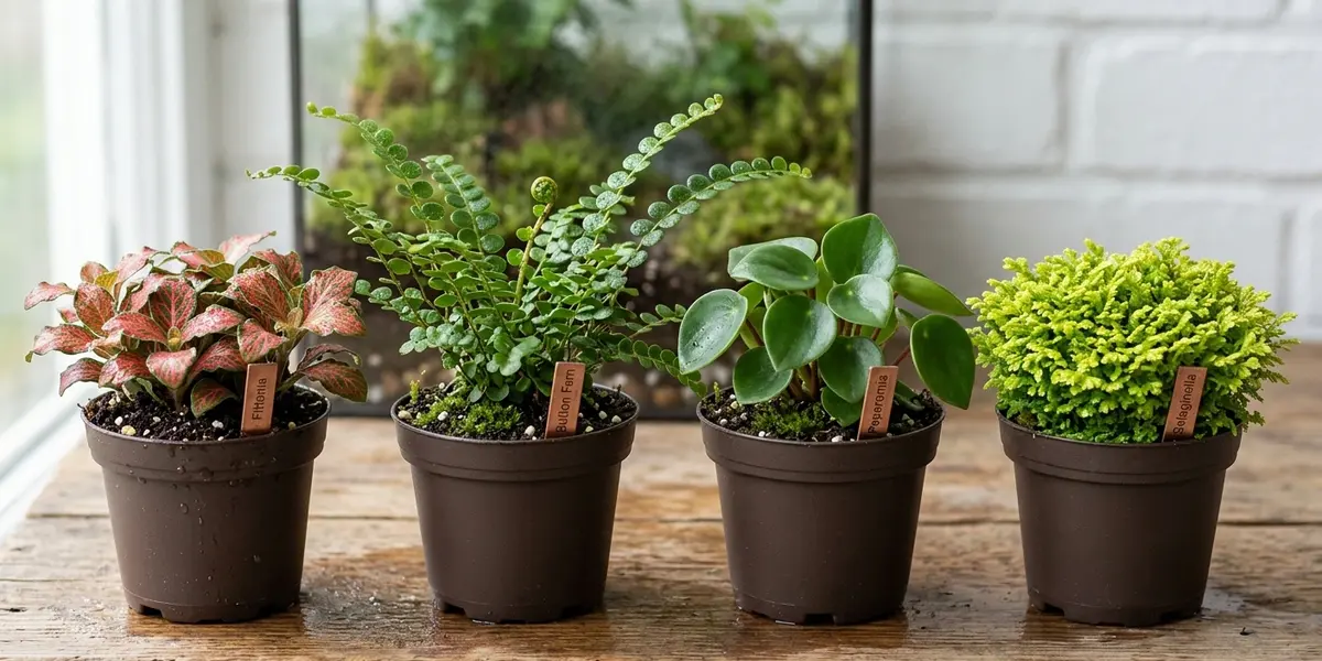 A row of potted terrarium plants including Fittonia, Button Fern, Peperomia, and Selaginella.