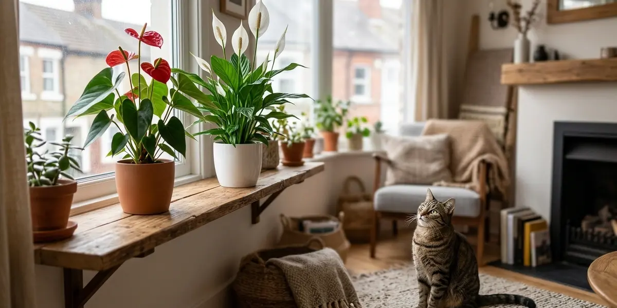 A curious tabby cat looking up toward potted houseplants placed safely on a bright windowsill.