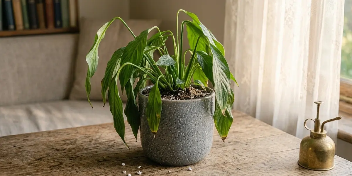 Peeacelily | Peace Lily Care: Light, Water, Humidity and Blooms Explained Simply Peace lily with drooping leaves that may indicate watering stress.