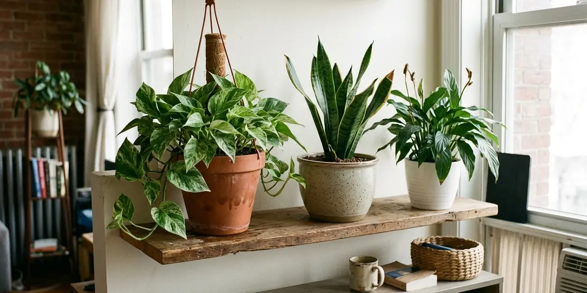 A wooden shelf displaying a trailing pothos, a snake plant, and a peace lily.