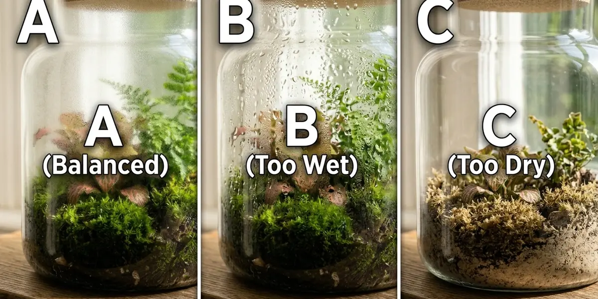 A three-panel comparison showing terrarium condensation states labeled A Balanced, B Too Wet, and C Too Dry.