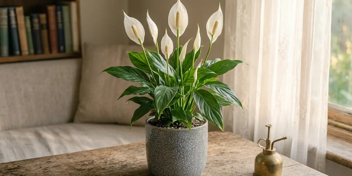 Peeacelily | Peace Lily Care: Light, Water, Humidity and Blooms Explained Simply Peace lily flowering with white spathes and healthy green leaves.