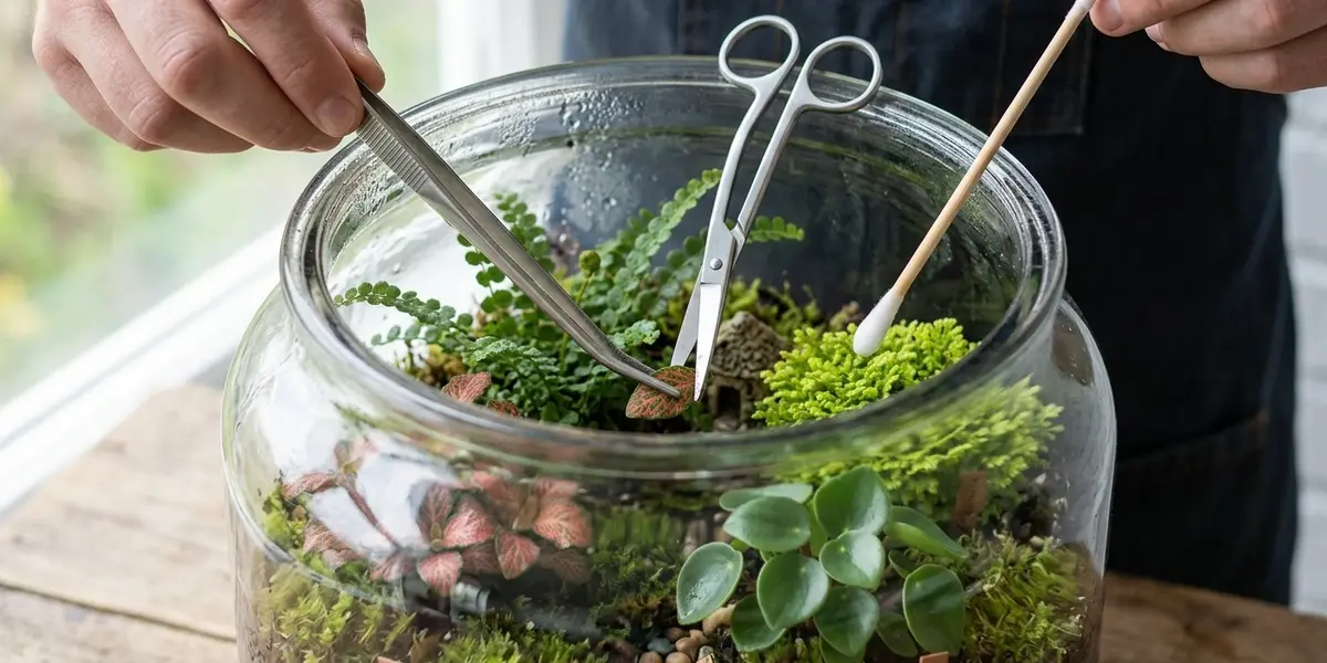 Hands using long tweezers, scissors, and a cotton swab to prune plants inside a wide-mouth glass jar.