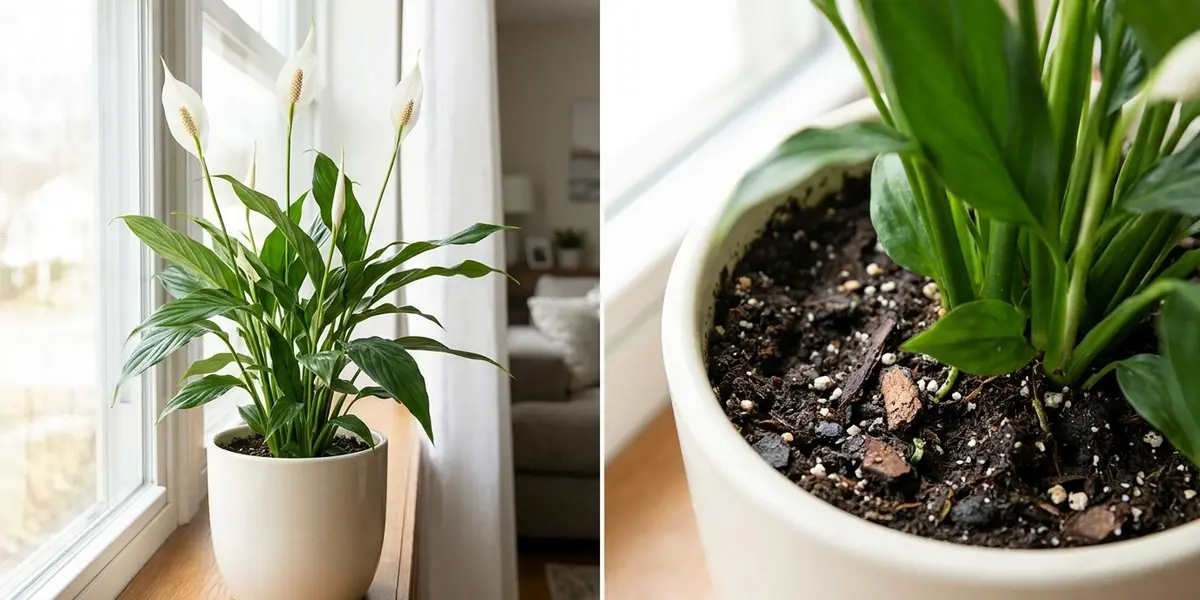 A potted peace lily showing a close-up view of its moisture-retentive soil mix and dark pointed leaves.
