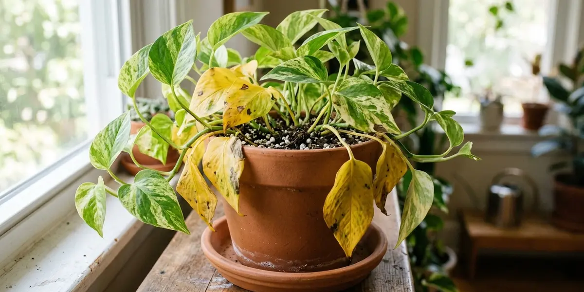 A potted pothos plant displaying yellow, drooping leaves caused by overwatering.