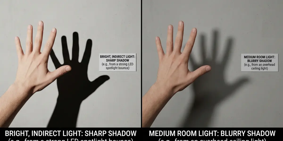 Peeacelily | Tall Indoor Plants: Which Ones Will Survive the Light in Your Room Comparison showing hand shadow test for indoor plant light levels with sharp shadow for bright indirect light and soft shadow for medium lig