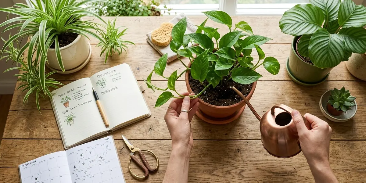 Hands watering a potted pothos plant on a wooden table with a copper watering can and care journal.