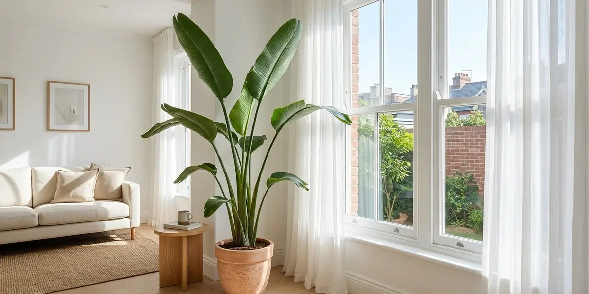 Peeacelily | Tall Indoor Plants: Which Ones Will Survive the Light in Your Room Large Bird of Paradise plant with wide green leaves standing next to a bright window in a modern white living room