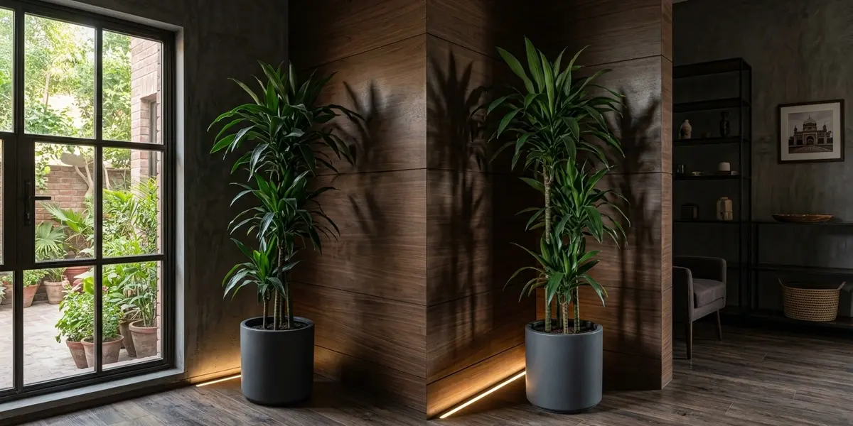 Peeacelily | Tall Indoor Plants: Which Ones Will Survive the Light in Your Room Tall Dracaena Janet Craig plants in dark gray pots placed in low light interior corners with accent wall lighting